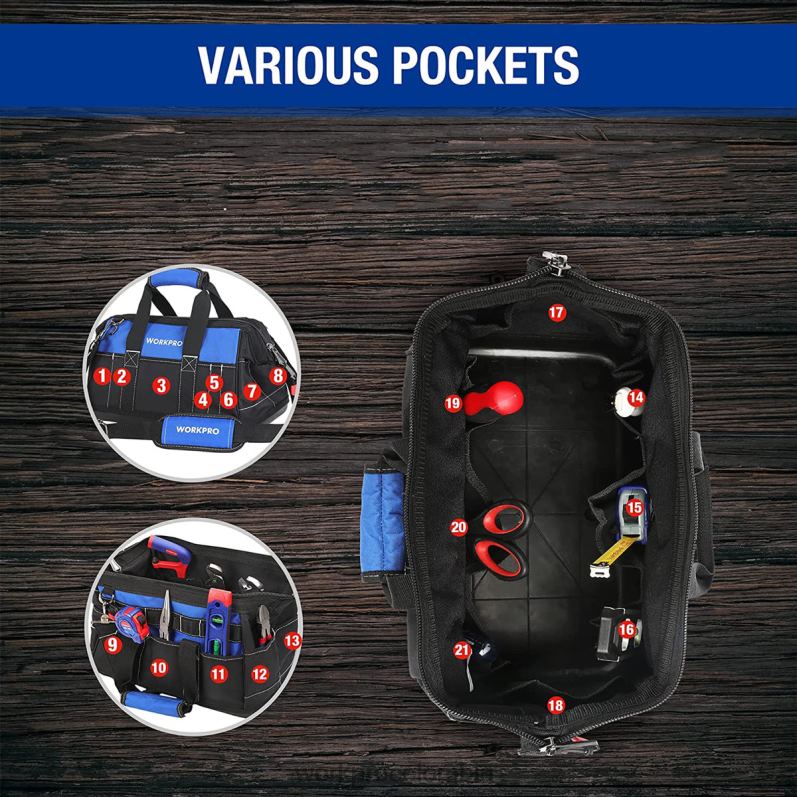 WORKPRO Bolsa de herramientas de boca ancha de 16 pulgadas con base moldeada a prueba de agua JP02P34 almacenamiento útil