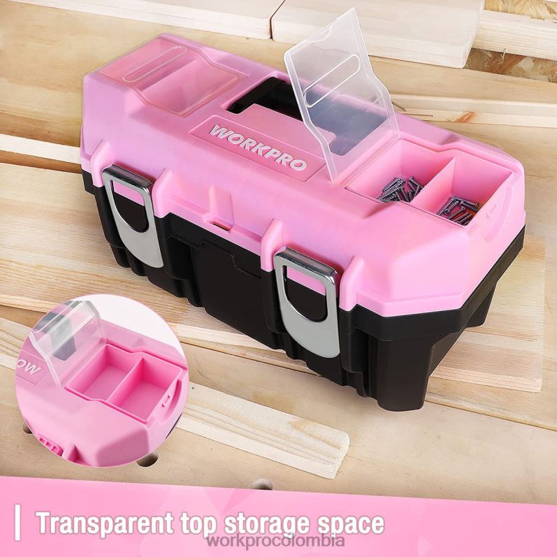 WORKPRO Caja de herramientas de 16 pulgadas, caja de herramientas de plástico con pestillo de metal y bandeja extraíble JP02P23 almacenamiento rosa