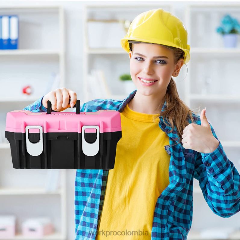 WORKPRO Caja de herramientas de 16 pulgadas, caja de herramientas de plástico con pestillo de metal y bandeja extraíble JP02P23 almacenamiento rosa
