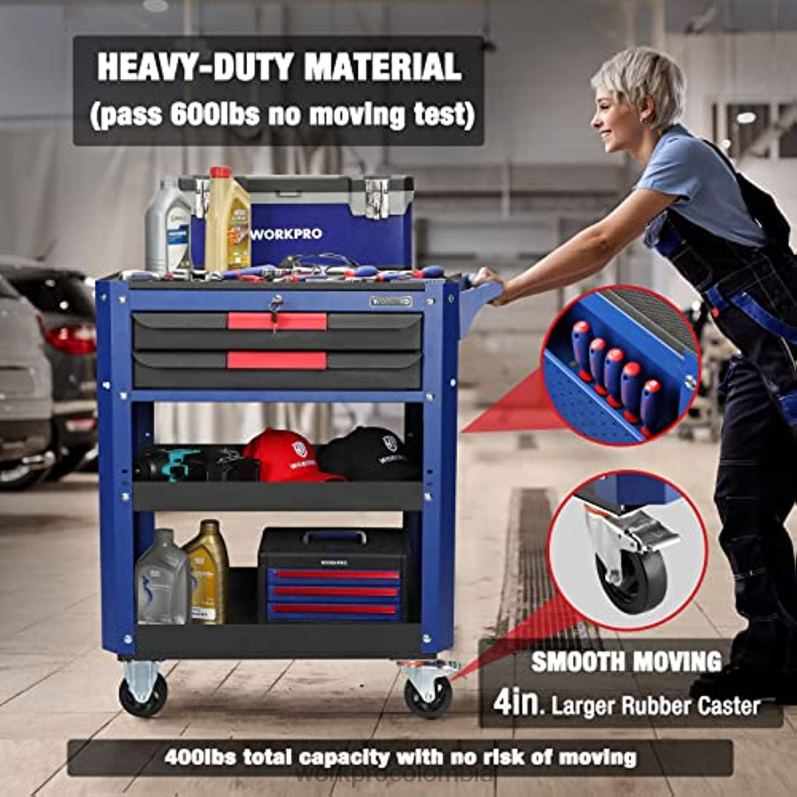 WORKPRO Carro de herramientas rodante de 2 cajones premium, organizador de almacenamiento de carro de servicio industrial de servicio pesado con ruedas y sistema de bloqueo JP02P16 almacenamiento útil