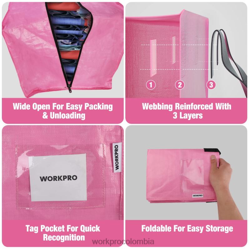 WORKPRO Paquete de 6 bolsas de mano extragrandes y resistentes para almacenamiento con cremalleras y asas de transporte, correas para mochila JP02P142 almacenamiento rosado azul