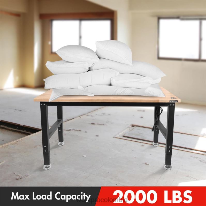 WORKPRO Banco de trabajo ajustable Capacidad de carga de 2000 libras Mesa de trabajo de madera dura con tomas de corriente JP02P1 almacenamiento útil