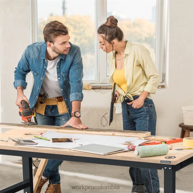 WORKPRO Banco de trabajo ajustable Capacidad de carga de 2000 libras Mesa de trabajo de madera dura con tomas de corriente JP02P1 almacenamiento útil