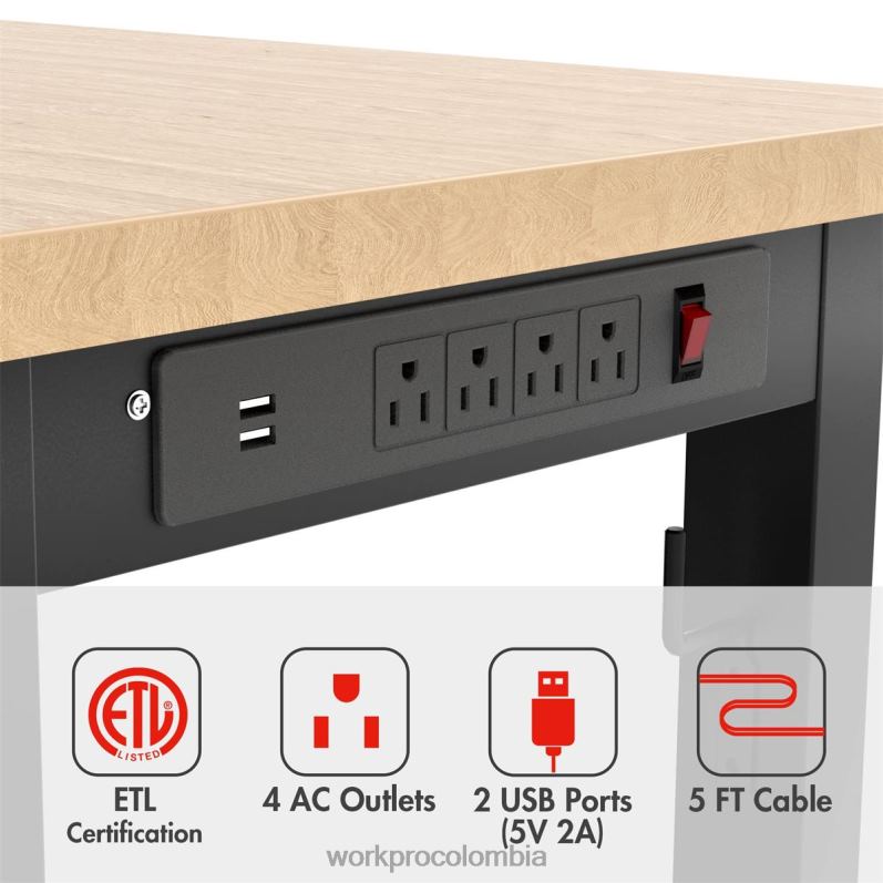 WORKPRO Banco de trabajo ajustable Capacidad de carga de 2000 libras Mesa de trabajo de madera dura con tomas de corriente JP02P1 almacenamiento útil