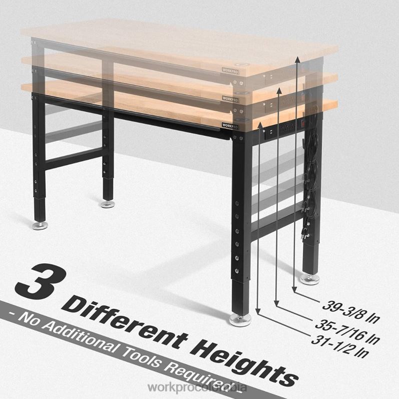 WORKPRO Banco de trabajo ajustable Capacidad de carga de 2000 libras Mesa de trabajo de madera dura con tomas de corriente JP02P1 almacenamiento útil