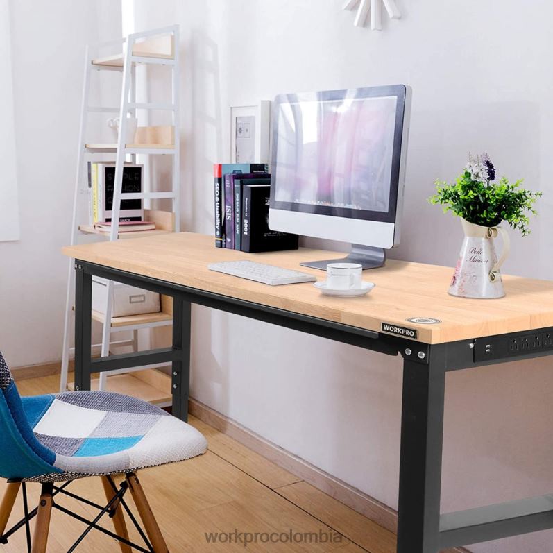 WORKPRO Banco de trabajo ajustable Capacidad de carga de 2000 libras Mesa de trabajo de madera dura con tomas de corriente JP02P1 almacenamiento útil
