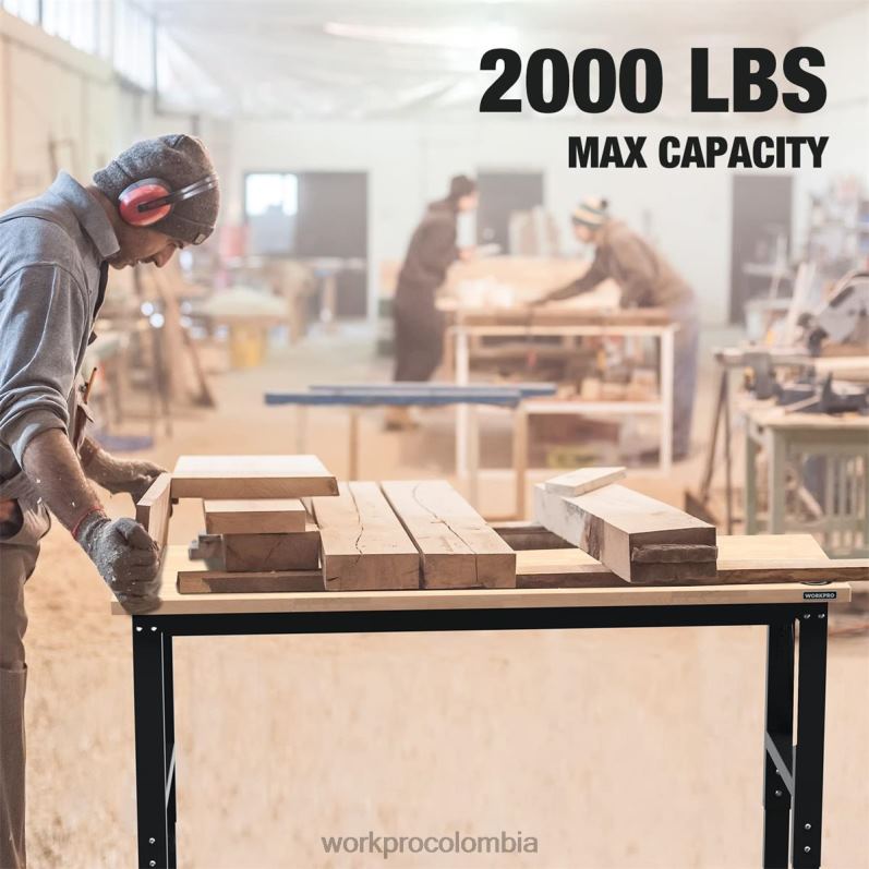 WORKPRO Banco de trabajo ajustable Capacidad de carga de 2000 libras Mesa de trabajo de madera dura con tomas de corriente JP02P1 almacenamiento útil