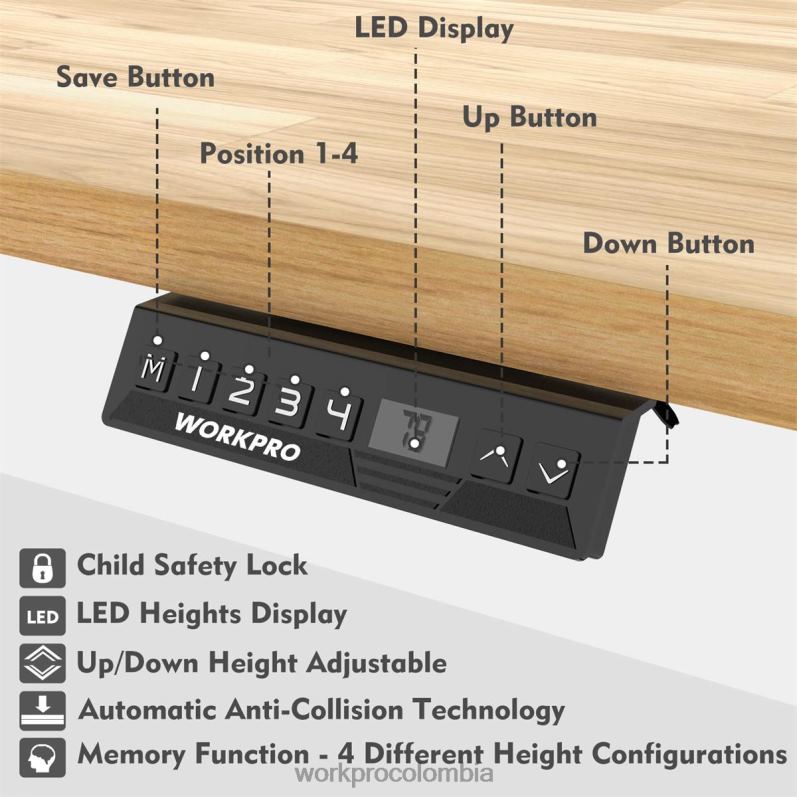 WORKPRO Banco de trabajo eléctrico de altura ajustable con tapa de madera y motor dual JP02P5 almacenamiento moderno