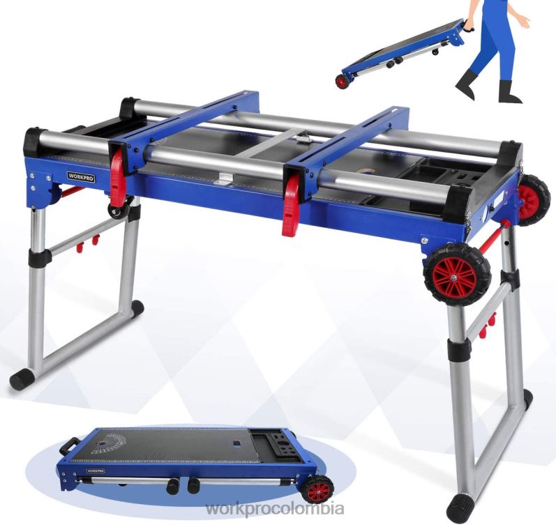 WORKPRO Soporte para sierra ingletadora Banco de trabajo portátil 5 en 1 con soporte para sierra ingletadora desmontable y patas ajustables en altura JP02P2 almacenamiento útil