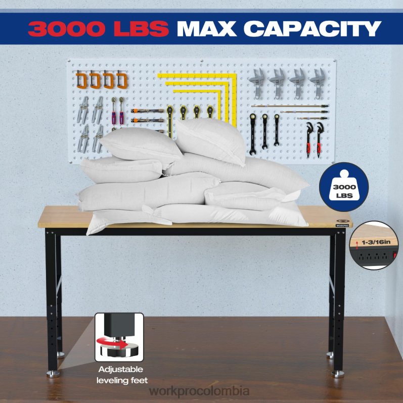 WORKPRO banco de trabajo ajustable mesa de trabajo de madera dura con capacidad de carga de 3000 libras con tomas de corriente JP02P4 almacenamiento útil