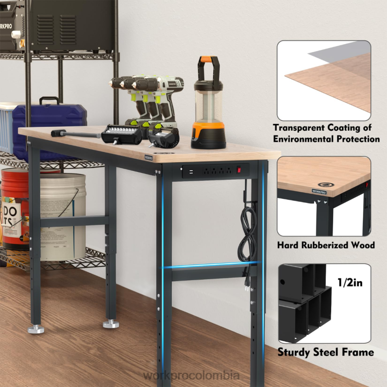 WORKPRO banco de trabajo ajustable mesa de trabajo de madera dura con capacidad de carga de 3000 libras con tomas de corriente JP02P4 almacenamiento útil