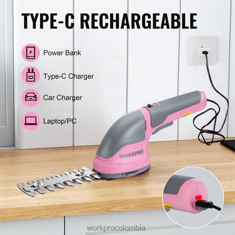 WORKPRO 2 en 1 tijeras de podar de arbustos/cortadoras de césped inalámbricas eléctricas de mano de 3,6 v JP02P268 herramienta rosa/verde/blanco