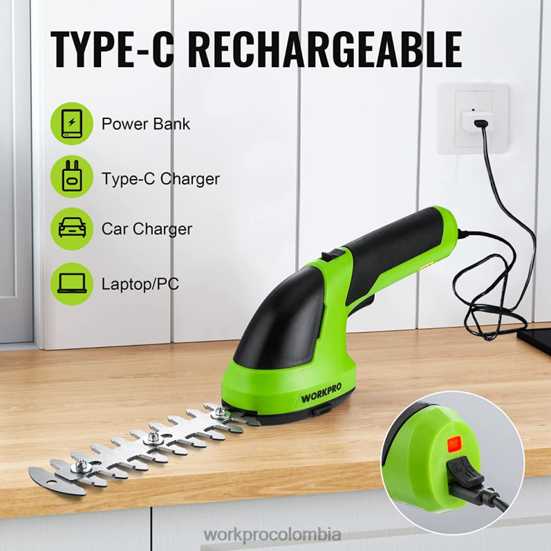 WORKPRO 2 en 1 tijeras de podar de arbustos/cortadoras de césped inalámbricas eléctricas de mano de 7,2 v JP02P269 herramienta rosa/verde/blanco
