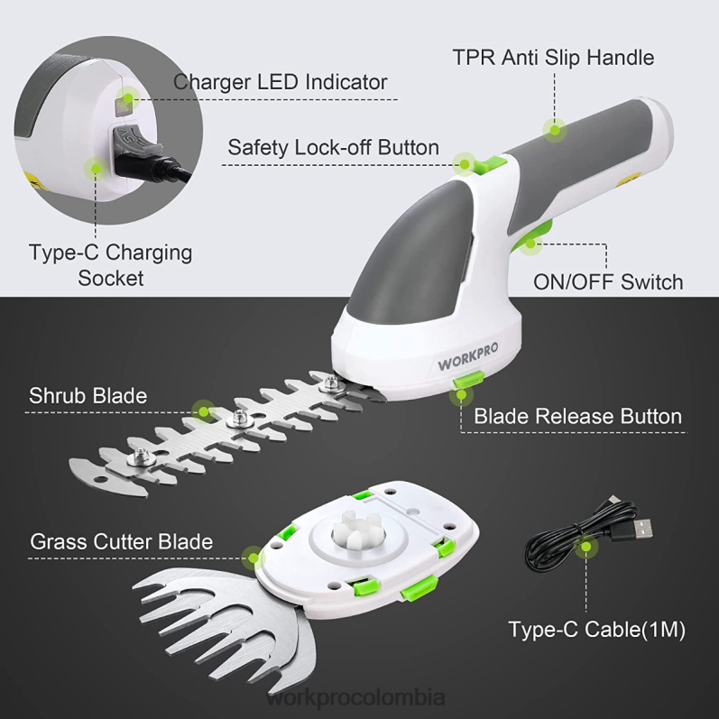 WORKPRO 2 en 1 tijeras de podar de arbustos/cortadoras de césped inalámbricas eléctricas de mano de 7,2 v JP02P269 herramienta rosa/verde/blanco