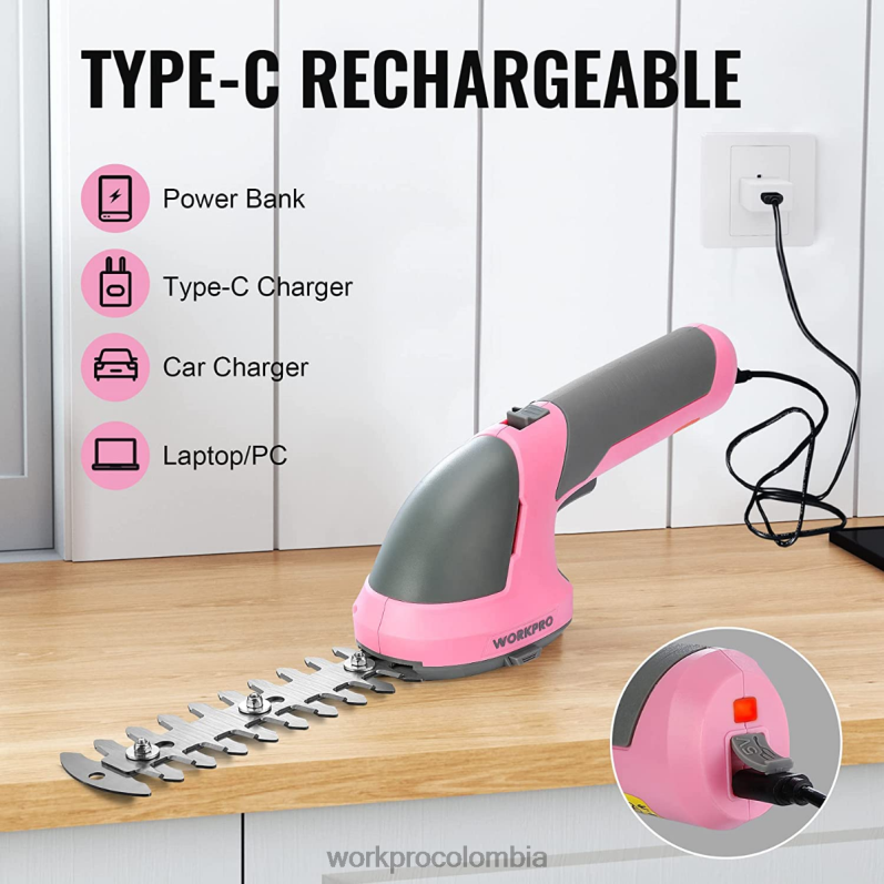 WORKPRO 2 en 1 tijeras de podar de arbustos/cortadoras de césped inalámbricas eléctricas de mano de 7,2 v JP02P269 herramienta rosa/verde/blanco