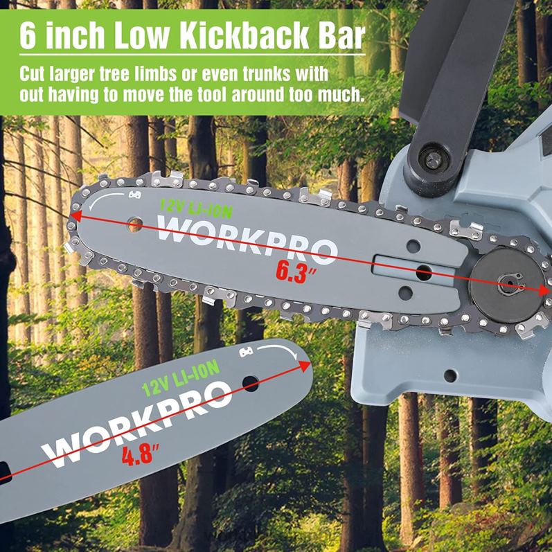 WORKPRO Mini motosierra, motosierra eléctrica compacta inalámbrica con 2 baterías, barra guía y cadena de repuesto. JP02P291 herramienta nuevo