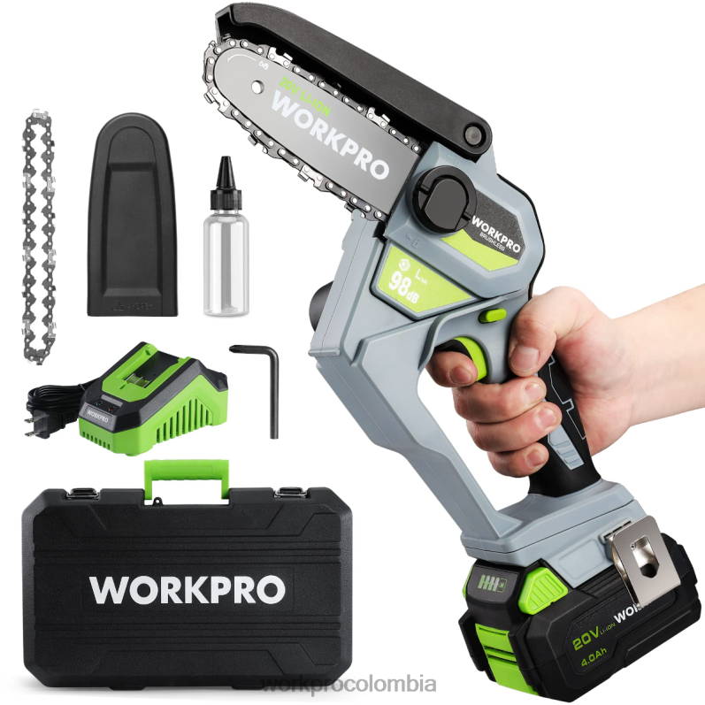 WORKPRO Motosierra compacta inalámbrica sin escobillas de 20v con batería de 4.0ah y cadena de repuesto JP02P298 herramienta moderno