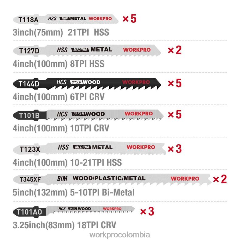 WORKPRO Juego de 25 hojas de sierra de calar con vástago en T y estuche de almacenamiento JP02P210 herramienta útil