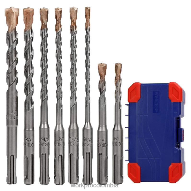 WORKPRO Juego de brocas sds-plus de 8 piezas, punta de carburo, juego de brocas de martillo perforador sds+ con estuche de almacenamiento para ladrillo, cemento, piedra y hormigón JP02P205 herramienta