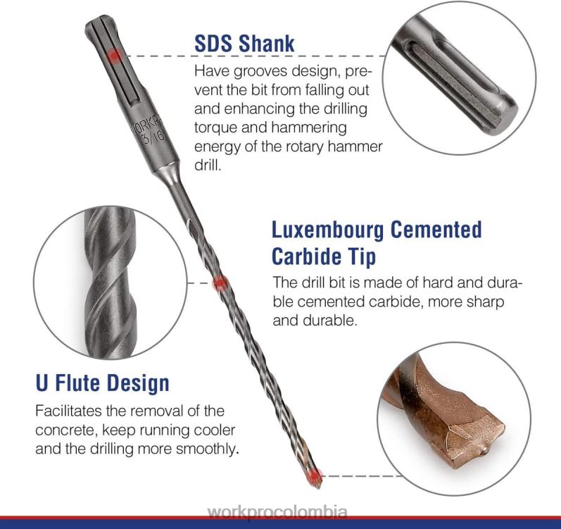 WORKPRO Juego de brocas sds-plus de 8 piezas, punta de carburo, juego de brocas de martillo perforador sds+ con estuche de almacenamiento para ladrillo, cemento, piedra y hormigón JP02P205 herramienta