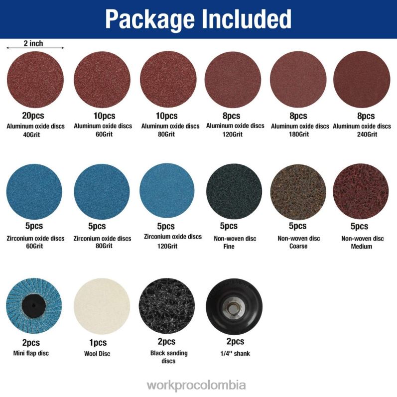 WORKPRO Juego de discos de lijado de 101 piezas, discos de 2 pulgadas con soporte de 1/4 de pulgada JP02P193 herramienta útil