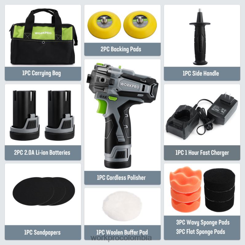 WORKPRO Pulidora inalámbrica de 12 V, mini kit de máquina pulidora y lijadora para detalles de automóviles con 2 baterías de iones de litio JP02P229 herramienta útil