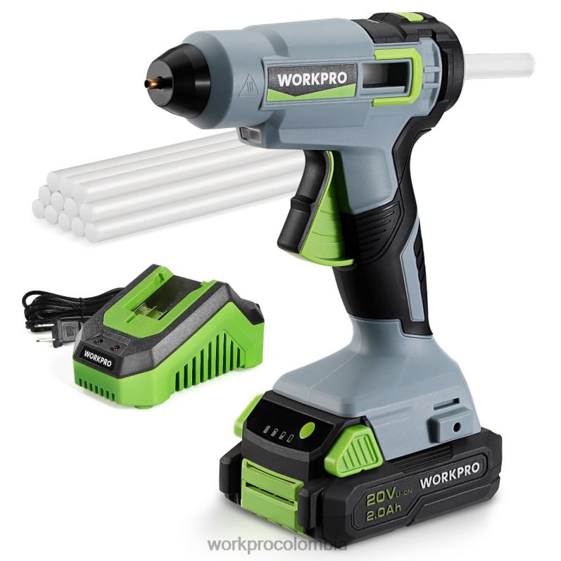 WORKPRO Kit de pistola de pegamento caliente inalámbrico con 12 barras de pegamento, batería de iones de litio de 20 V y 2,0 Ah JP02P165 herramienta útil