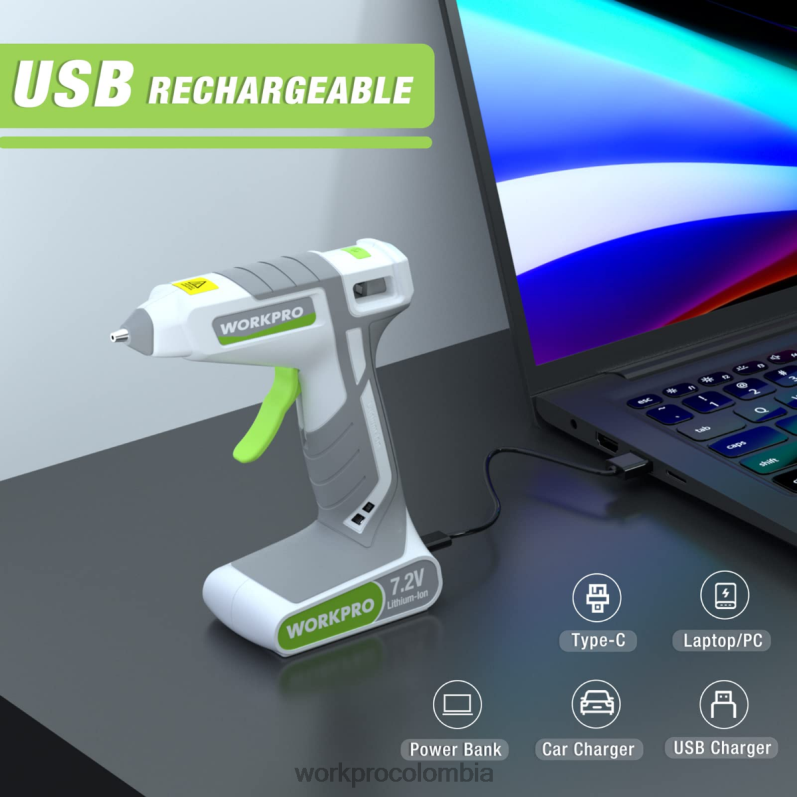 WORKPRO Kit de pistola de pegamento termofusible inalámbrica de 7,2 V JP02P164 herramienta rosa/blanco