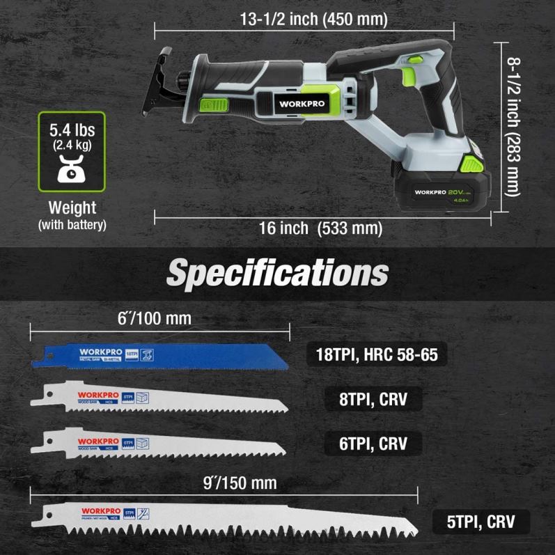 WORKPRO Sierra alternativa inalámbrica, 4 hojas de sierra para cortar madera y metal incluidas. JP02P184 herramienta nuevo