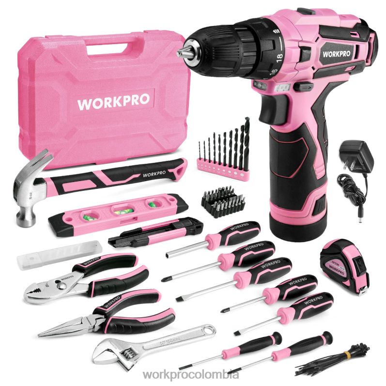WORKPRO Juego de herramientas portátiles de 108 piezas con taladro eléctrico. JP02P173 herramienta rosa/gris