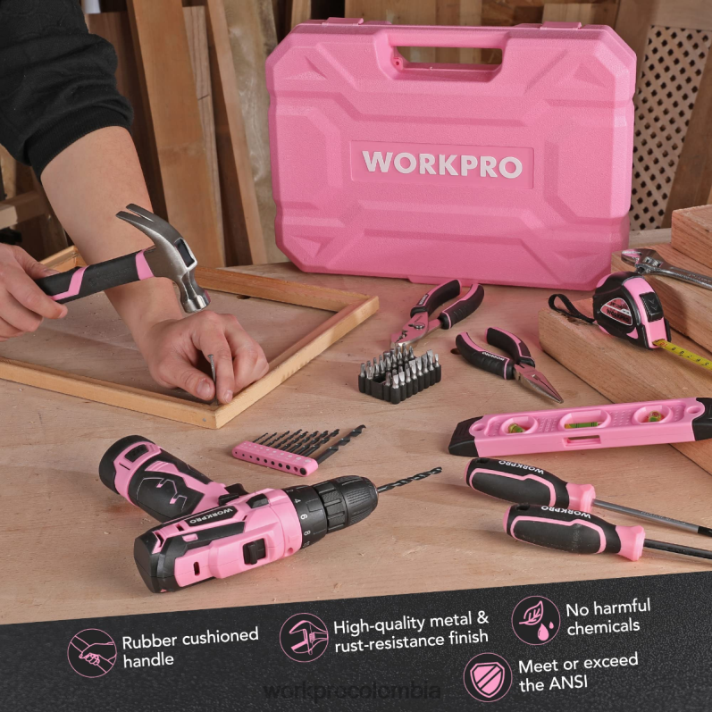 WORKPRO Juego de herramientas portátiles de 108 piezas con taladro eléctrico. JP02P173 herramienta rosa/gris