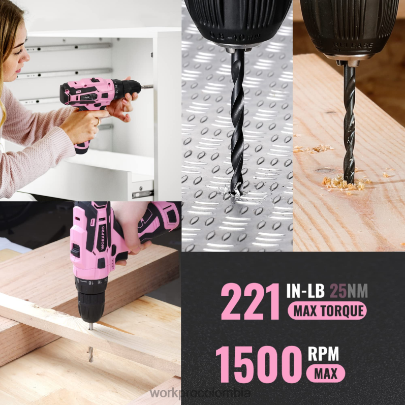 WORKPRO Juego de herramientas portátiles de 108 piezas con taladro eléctrico. JP02P173 herramienta rosa/gris