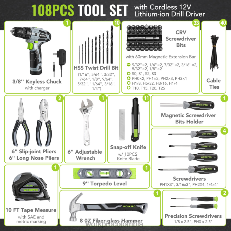 WORKPRO Juego de herramientas portátiles de 108 piezas con taladro eléctrico. JP02P173 herramienta rosa/gris