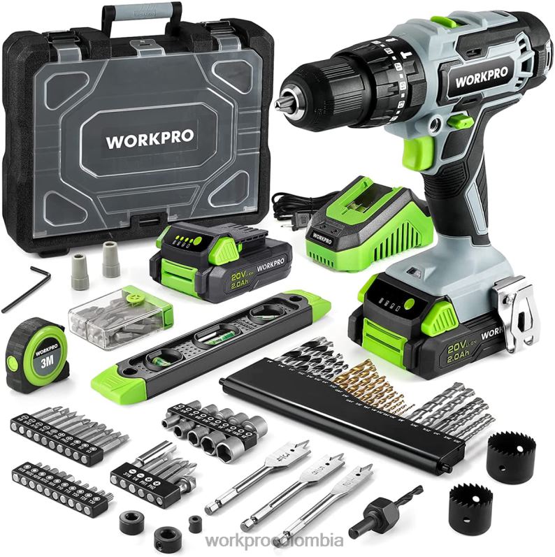 WORKPRO Juego de taladro inalámbrico de 20 V máximo, herramienta de taladro de impacto eléctrico con 102 piezas de accesorios, 2 baterías de iones de litio de 2,0 Ah con cargador rápido JP02P170 herra