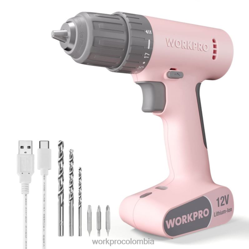 WORKPRO Juego de taladro y destornillador inalámbrico de 12 V con 6 puntas, portabrocas sin llave de 3/8 de pulgada, velocidad variable, configuración de 18 toques JP02P175 herramienta rosa/blanco