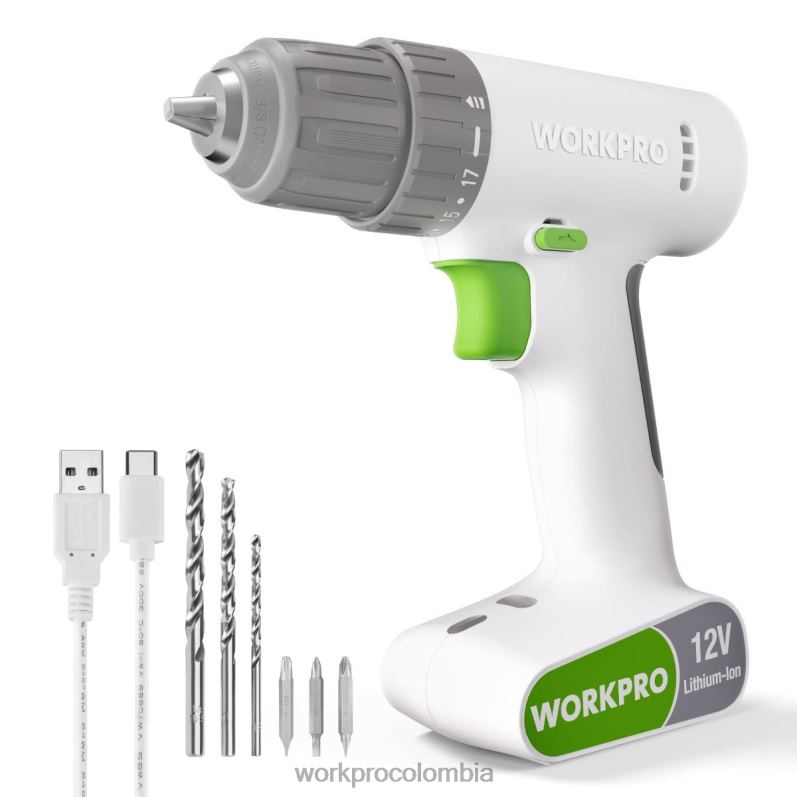WORKPRO Juego de taladro y destornillador inalámbrico de 12 V con 6 puntas, portabrocas sin llave de 3/8 de pulgada, velocidad variable, configuración de 18 toques JP02P175 herramienta rosa/blanco