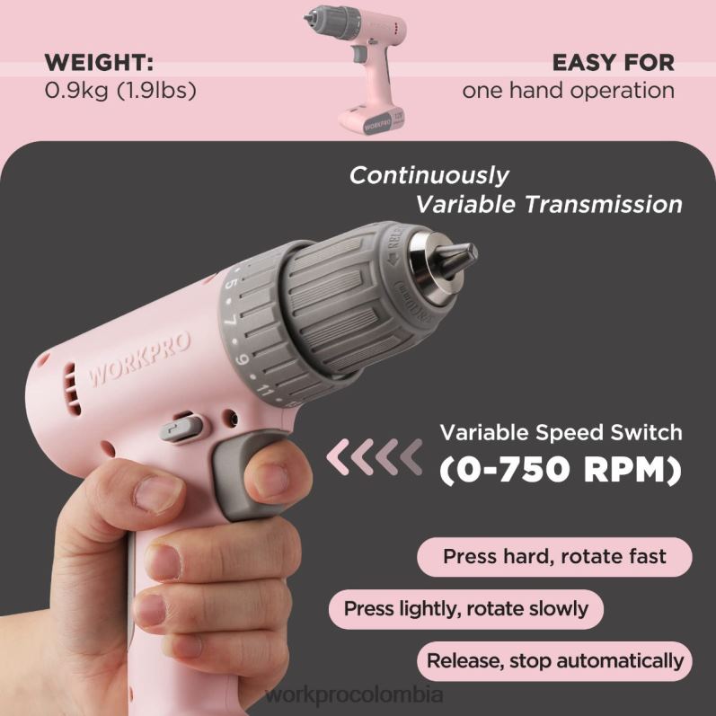 WORKPRO Juego de taladro y destornillador inalámbrico de 12 V con 6 puntas, portabrocas sin llave de 3/8 de pulgada, velocidad variable, configuración de 18 toques JP02P175 herramienta rosa/blanco