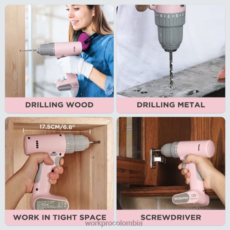 WORKPRO Juego de taladro y destornillador inalámbrico de 12 V con 6 puntas, portabrocas sin llave de 3/8 de pulgada, velocidad variable, configuración de 18 toques JP02P175 herramienta rosa/blanco