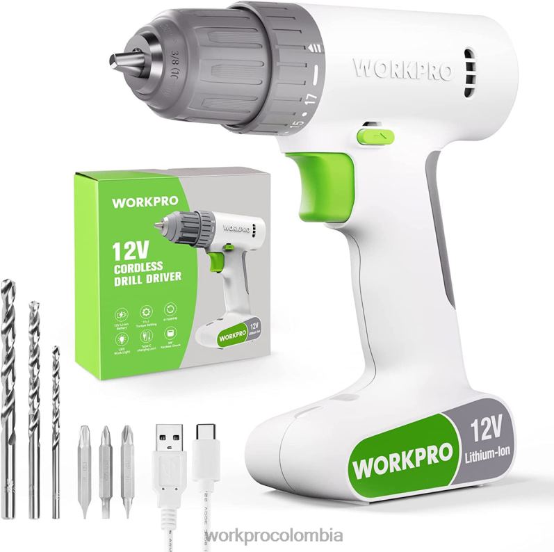 WORKPRO Juego de taladro y destornillador inalámbrico de 12 V con 6 puntas, portabrocas sin llave de 3/8 de pulgada, velocidad variable, configuración de 18 toques JP02P175 herramienta rosa/blanco