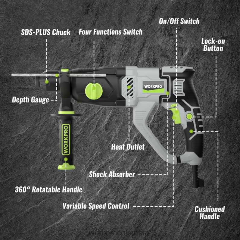 WORKPRO Taladro percutor rotativo sds-plus premium de 7,5 amperios y 1-1/4 pulgadas, versión ligera con cable JP02P178 herramienta útil