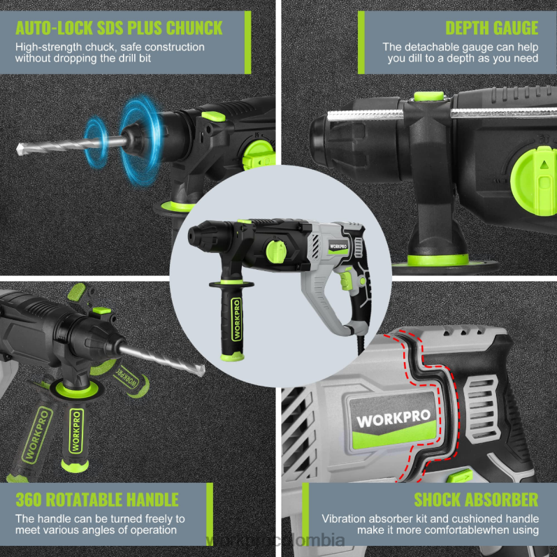 WORKPRO Taladro percutor rotativo sds-plus premium de 7,5 amperios y 1-1/4 pulgadas, versión ligera con cable JP02P178 herramienta útil
