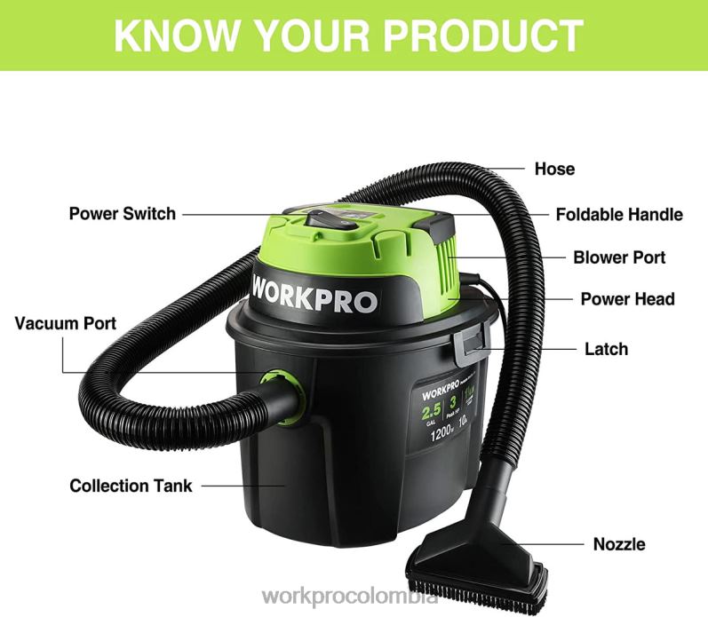 WORKPRO Aspiradora húmeda/seca de 2,5 galones y 3 caballos de fuerza máxima, aspiradora portátil para el hogar JP02P216 herramienta útil