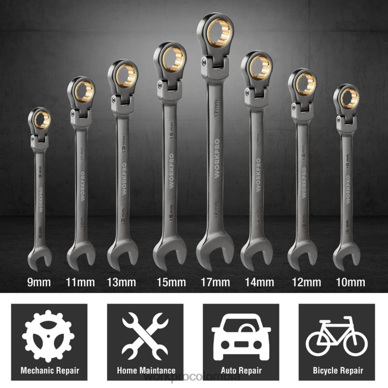 WORKPRO Juego de llaves combinadas con trinquete de cabeza flexible de 8 piezas con bolsa organizadora JP02P86 herramienta útil