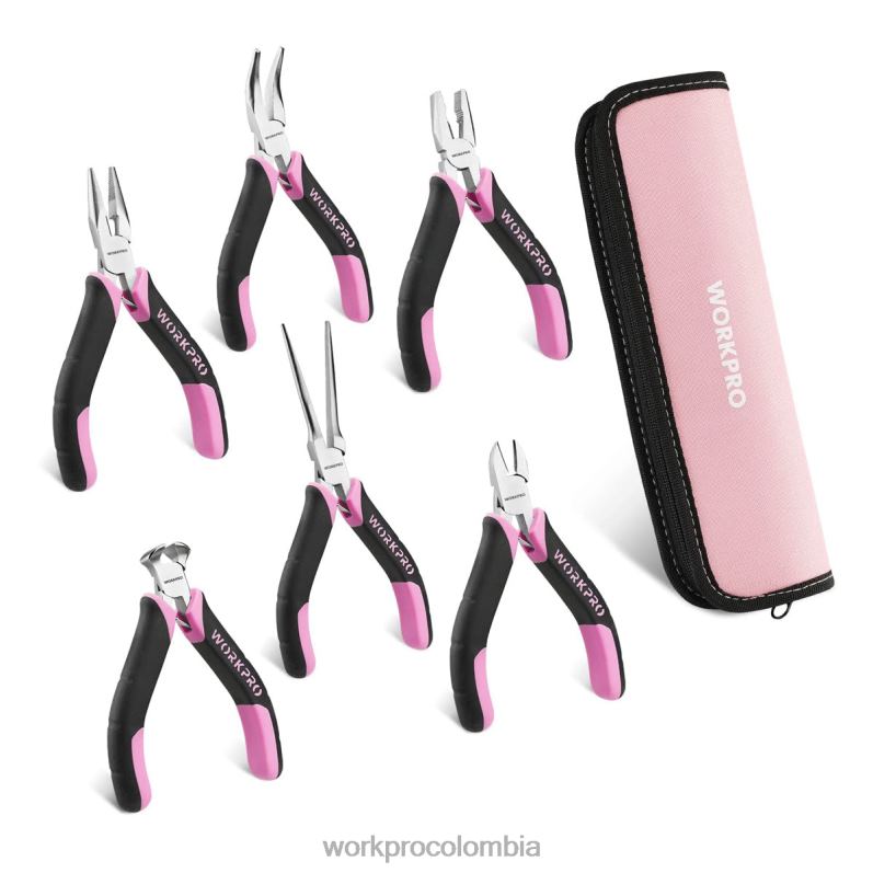 WORKPRO Juego de mini alicates de 6 piezas con bolsa. JP02P65 herramienta rosa