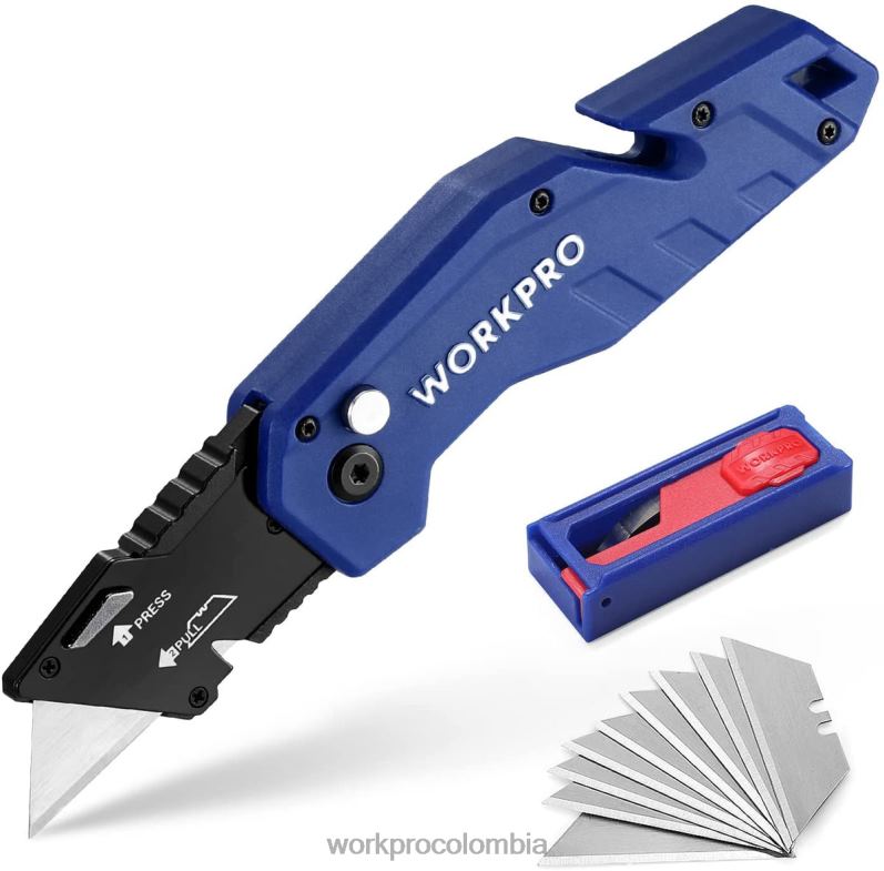 WORKPRO Cuchillo multiusos plegable, mango de nailon ligero, cortador multiusos con 10 hojas adicionales JP02P38 herramienta rojo/azul/negro