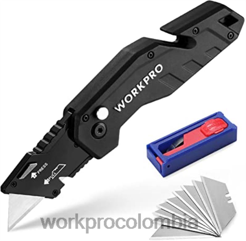 WORKPRO Cuchillo multiusos plegable, mango de nailon ligero, cortador multiusos con 10 hojas adicionales JP02P38 herramienta rojo/azul/negro