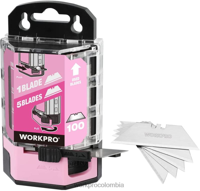 WORKPRO Reemplazo de cuchillas multiusos de acero al carbono sk5 de 100 piezas con dispensador JP02P49 herramienta Rosa rojo