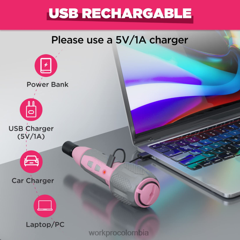 WORKPRO Kit de destornillador inalámbrico con batería de iones de litio recargable por USB de 4v JP02P236 herramienta rosa/blanco