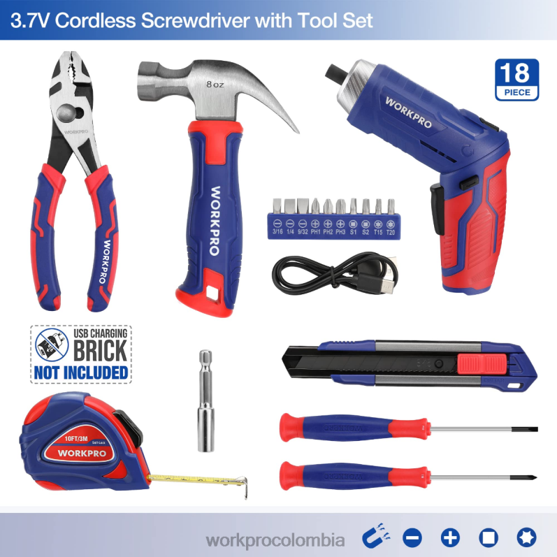 WORKPRO Kit de herramientas para el hogar general de 18 piezas. JP02P102 herramienta rosado azul