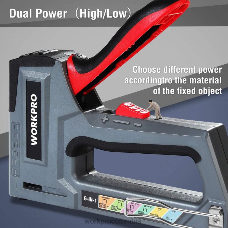 WORKPRO Pistola de clavos para tapicería, clavadora manual 6 en 1 JP02P59 herramienta rosa/gris